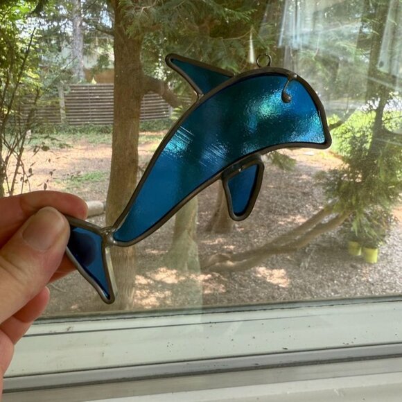 Vintage Stained Glass Dolphin Suncatcher Ocean Decor Hanging Ornament 9" - Picture 7 of 7